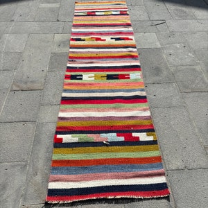 Runner Kilim, Turkish Kilim, Herki Kilim, Antique Kilim, Rugs For Kitchen, 2.4x9.2 ft Rainbow Kilim, Decorative Oushak Kilim, Striped Kilim,
