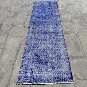 Blue Vintage Turkish Runner Rug, 3x9ft, Elegant Blue Pattern, Unique Design