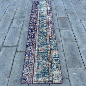 Turkish Rug, Vintage Rug, 2x9 Runner Rug, Patchwork Rug, Anatolian Rugs, Rugs For Corridor, 2x9 ft Blue Rug, Antique Oushak Wool Rug,