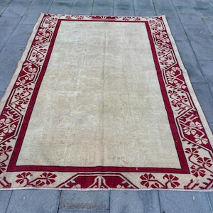 Vintage Rug, Turkish Rug, 6x8 Large Rug, Wool Rug, Rugs For Bedroom, 5.6x7.8 ft Beige Rug, Anatolian Rug With Geometric Patterns, Wool Rug