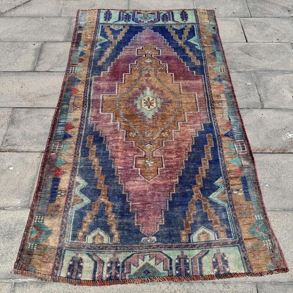 トルコ ラグ 絨毯 ビンテージ アナトリアラグ ヴィンテージトルコラグ、アナトリアアクセントラグ、手織りブルー