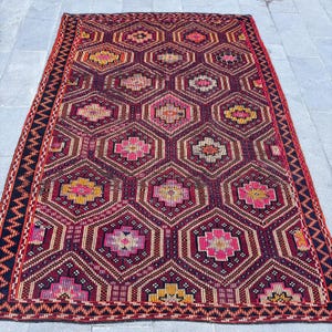 Turkish Kilim, Large Kilim, Vintage Kilim, Embroidered Anatolian Kilim, Rugs For Living Room, 6.4x9.4 ft Red Kilim, Authentic Turkish Kilim,