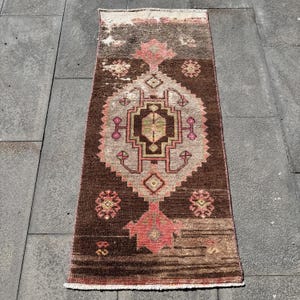 Vintage Turkish Rug, Antique Small Rug, Entryway Rug, 2x4 ft Brown, Bedroom Decor, Geometric Design Rug, Handmade Wool Rug