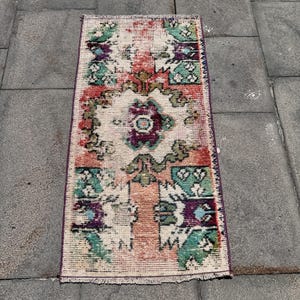 Vintage Turkish Door Mat, Colorful Geometric Design, 1x3ft, Unique Boho Accent Rug, Handwoven Home Decor