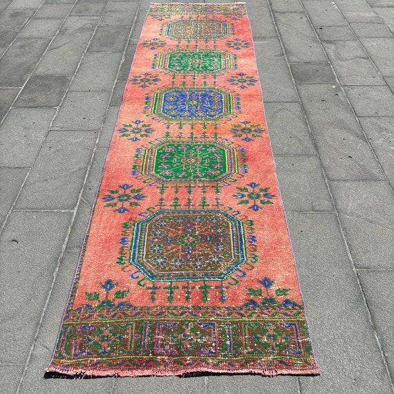 Türkischer Teppich, Vintage Teppich 100x300, Roter Wollteppich