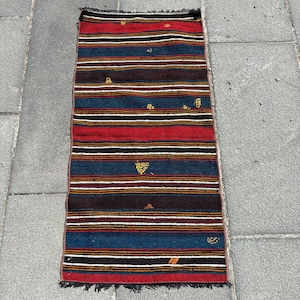 Turkish Kilim, Vintage Kilim, Small Kilim, Anatolian Kilim, Rugs For Bathroom, 1.4x2.8 ft Red Kilim, Striped Kilim, Gift For The Home,