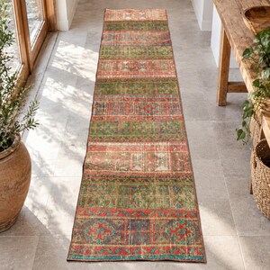 Red Vintage Sille Rug Long Runner Rug, Patchwork Carpet, Patchwork Style 1.7 x 7.6 ft, Turkish Vintage Runner Rug