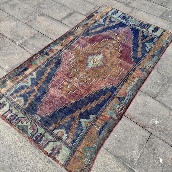 トルコ ラグ 絨毯 ビンテージ アナトリアラグ ヴィンテージトルコラグ、アナトリアアクセントラグ、手織りブルー