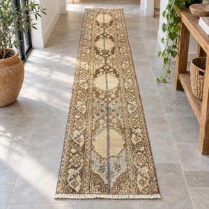 Beige and Brown Vintage Sille Patchwork Wide Runner Rug, 1.8 x 8.4 ft, Medallion Rug, Turkish Hallway Decor, Distressed Floral Border