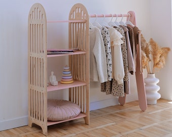 Montessori Wooden Wardrobe, Kids Clothing Rack, Montessori Furniture, Montessori Shelf, Kids Furniture, Toy Storage, 1 Year Old Girl Gift