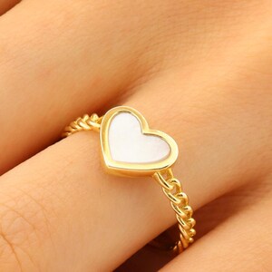 14K Gold Heart Ring: Mother of Pearl & Chain Band