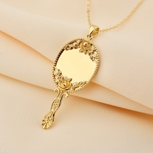 14k Solid Gold Hand Mirror Necklace -Gold Necklace-Miniature Makeup Mirror Gold Pendant-Gift For Girlfriend-Gift For Women, Birthday Gift