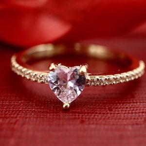 Anillo de piedra en forma de corazón de oro macizo de 14 quilates, oro auténtico, anillo delicado con piedra de circonita, regalo para ella