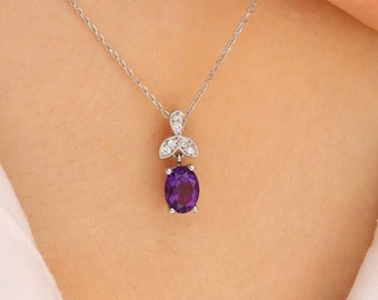 18K Solid White Gold Amethyst and Diamond Necklace