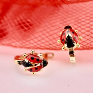 14K Gold Ladybug Earrings for Kids –Enamel Lucky Bug Stud Earrings – Baby Girl Gold Earrings–Toddler Earrings Gift – Safe for Sensitive Ears