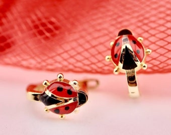 14K Green Gold Ladybug Stud Earrings: Red Enamel, Safe for Sensitive Ears