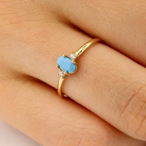 Blue Turquoise Stone Gold Ring-Oval Cut-Between Two Zircon Stones-Very Compatible with Evening Dresses