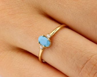 Blue Turquoise Stone Gold Ring-Oval Cut-Between Two Zircon Stones-Very Compatible with Evening Dresses