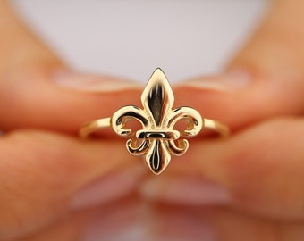 14K Massivgold Fleur de Lis Ring: Zierliches französisches königliches Symbol