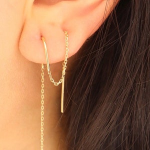 Gold Chain Earrings with Double Cylindrical Pendants – Perfect for Double Piercings