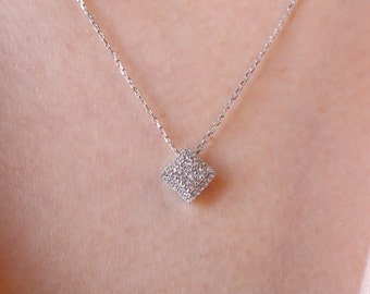 14K Solid Gold Diamond Square Pendant Necklace