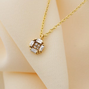 Square Baguette Cut Diamond Gold Necklace, Geometric Pendant, Minimalist Jewelry, Gift for Her, Diamond Necklace