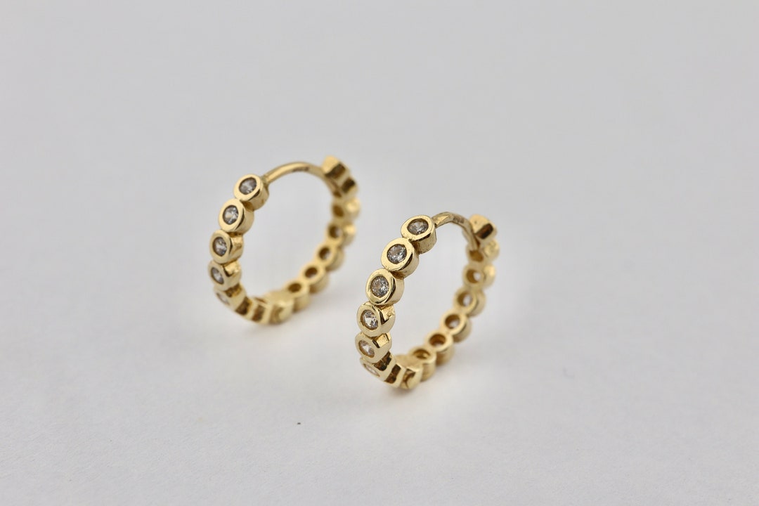 14K Solid Gold Hoop Earrings, Single Row Stone Hoop Earrings