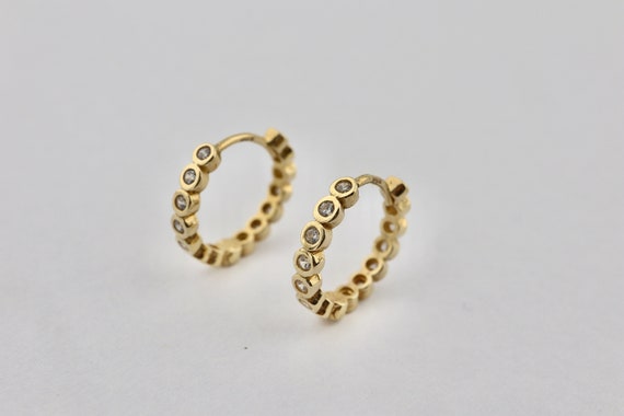 14K Solid Gold Hoop Earrings, Single Row Stone Hoop Earrings