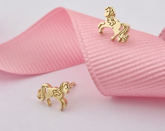 14K Solid Gold Horse Earrings, 14K Solid Gold Animal Earrings, Christmas Gift,Birthday Gift, Valentine's Day Gift,Gift For Child