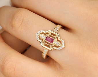14k Solid Gold Red Gemstone Ring: Dainty Minimalist Jewelry