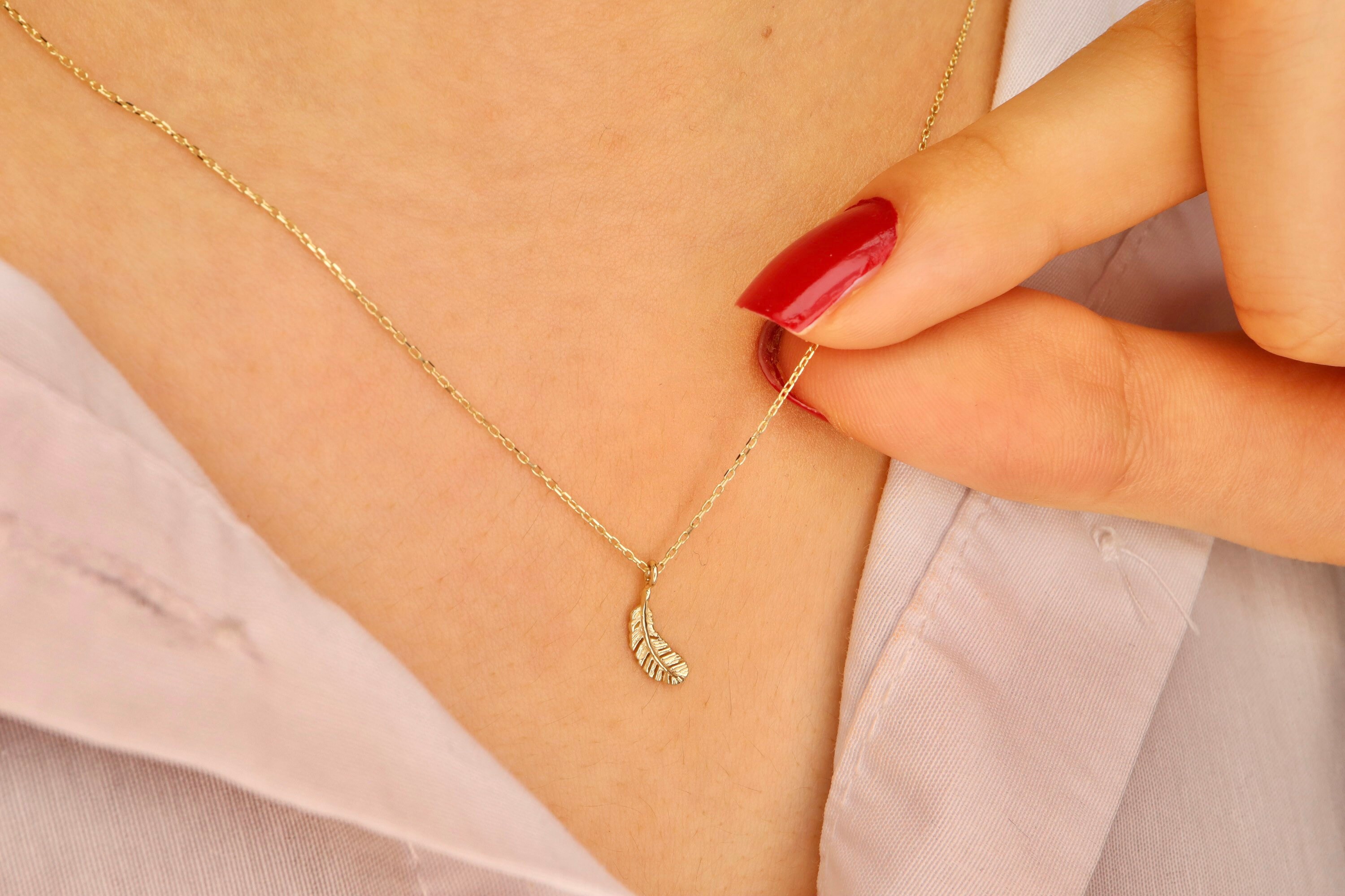 14k Solid Gold Feather 14k Real Gold Feather Pendant Necklace Etsy