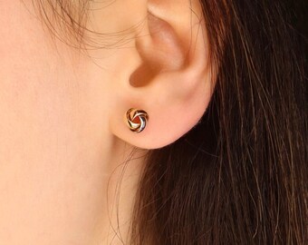 14k Solid Gold Tricolor Twisted Stud Earrings
