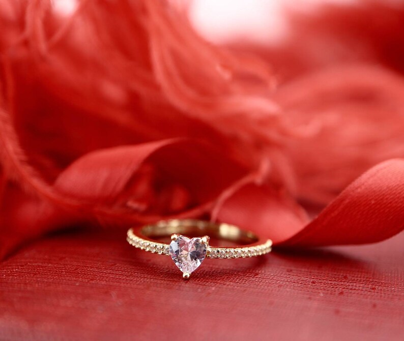 14K SOLID GOLD Heart Shaped Stone Ring Real Gold Delicate Etsy
