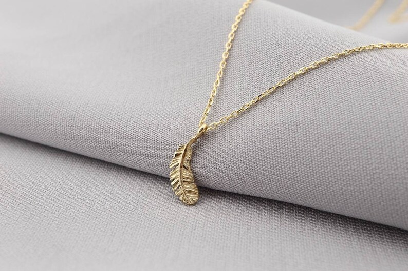 14k Solid Gold Feather 14k Real Gold Feather Pendant Necklace Etsy