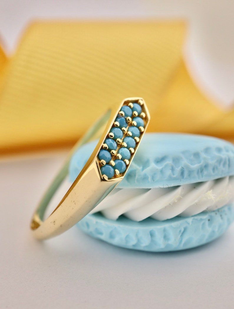 14k Solid Gold Dainyt Turquoise Band Ring, Geometric Turquoise Ring, Delicate Turquoise Gold Ring image 6