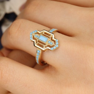 14k Solid Gold Turquoise Ring, Solid Gold Blue Stone Ring,14k Stackable Ring, Dainty Gold Band, Simple Blue Ring, Gift For Her,Birthday Gift