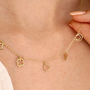 14K Solid Gold Lucky Necklace - Naszyjnik Szczęścia - Naszyjnik Wieloelementowy - Prezent na Szczęście - Prezent Dla Niej - Nowoczesny Naszyjnik - Prezent Urodzinowy