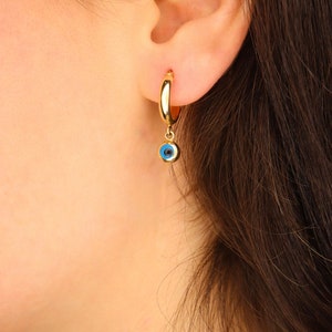 14K Gold Hoop Earrings with Dangling Evil Eye – Minimalist Protection Jewelry – Dainty Solid Gold Eye Charm Hoops