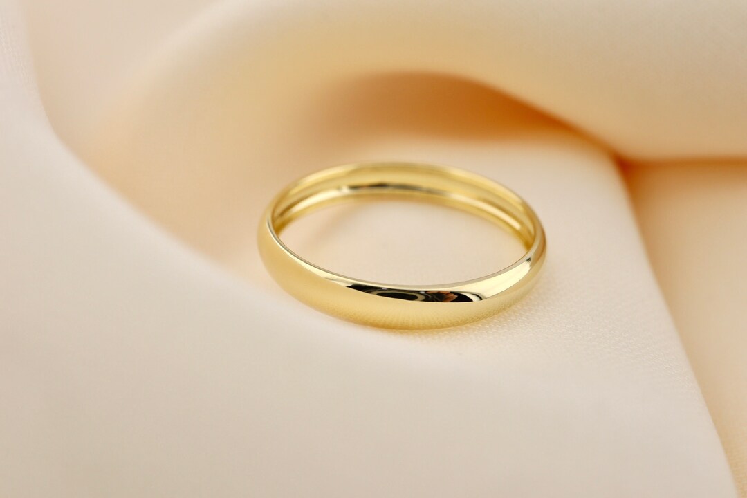 14k Solid Gold Wedding Band 3mm Plain Polished Rounded Dome Comfort Fit ...