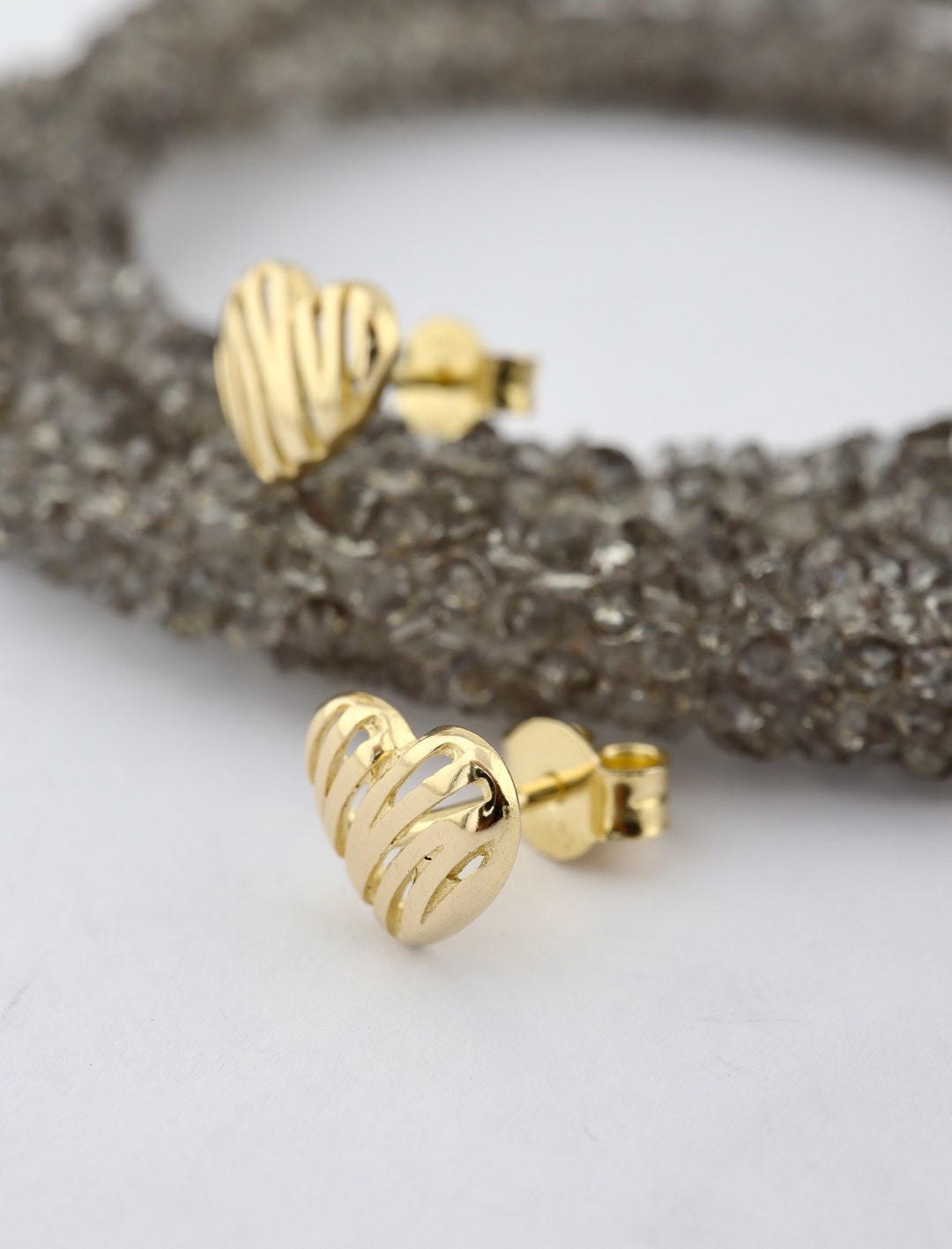 14K Gold Heart Earrings, Gold Heart Earrings, Embossed Heart Earrings ...