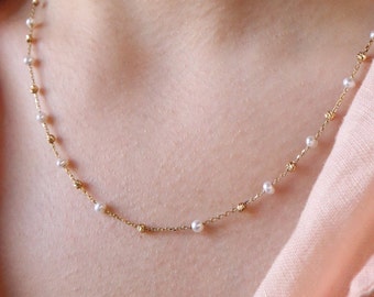 14K Gold Pearl Station Necklace: Dainty Minimalist Layering Jewelry
