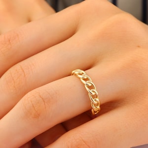 14K Solid Gold Chain Ring - Chain Gold Ring- Chunky Ring - Everyday Ring - Minimalist Wedding Band- Curb Chain Ring-Gift For Her