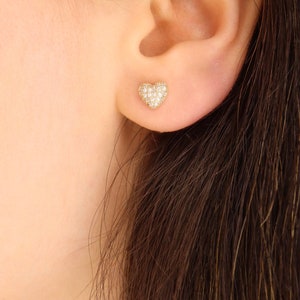 14K Gold Heart Stud Earrings: Glittering Zircon Accents