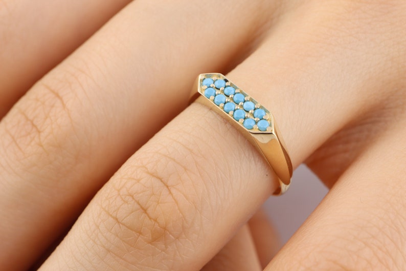 14k Solid Gold Dainyt Turquoise Band Ring, Geometric Turquoise Ring, Delicate Turquoise Gold Ring image 2