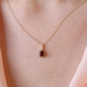 18K Gold Ruby Necklace • Diamond Halo Ruby Pendant • Teardrop Minimal Fine Jewelry • July Birthstone Gift • Dainty Solid Gold Charm
