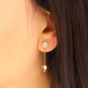 14K Gold Dangling Earrings: Bezel Set Sphere, Minimalist Jewelry