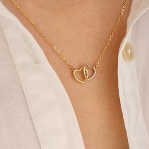 14K Gold Double Heart Necklace for Women - Solid gold - Handmade Jewelry - Minimalist Heart Necklace - Heart Necklace