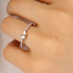 14K White Gold Baguette Diamond Ring - Minimalist Stackable Ring