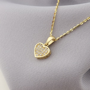 14K Gold Heart Necklace • Minimalist Zircon Pendant • Dainty Gold Necklace with Side CZ Stones
