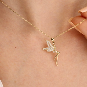 14K Solid Gold Fairy Pendant Necklace – Zircon Winged Fairy Charm – Magical Gold Jewelry – Fantasy Gift for Her – Dainty Gold Necklace